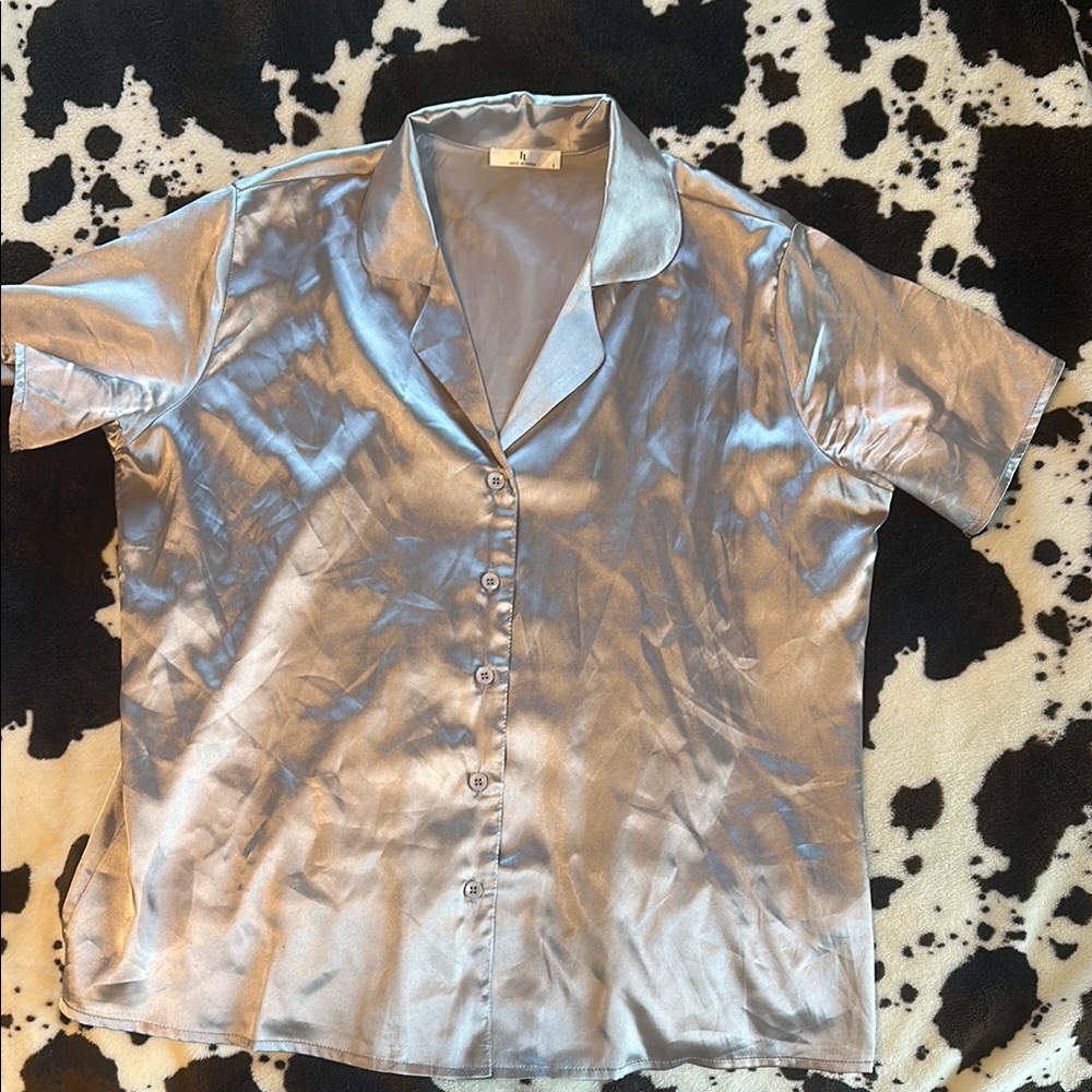Silver Satin Button-Up Shirt